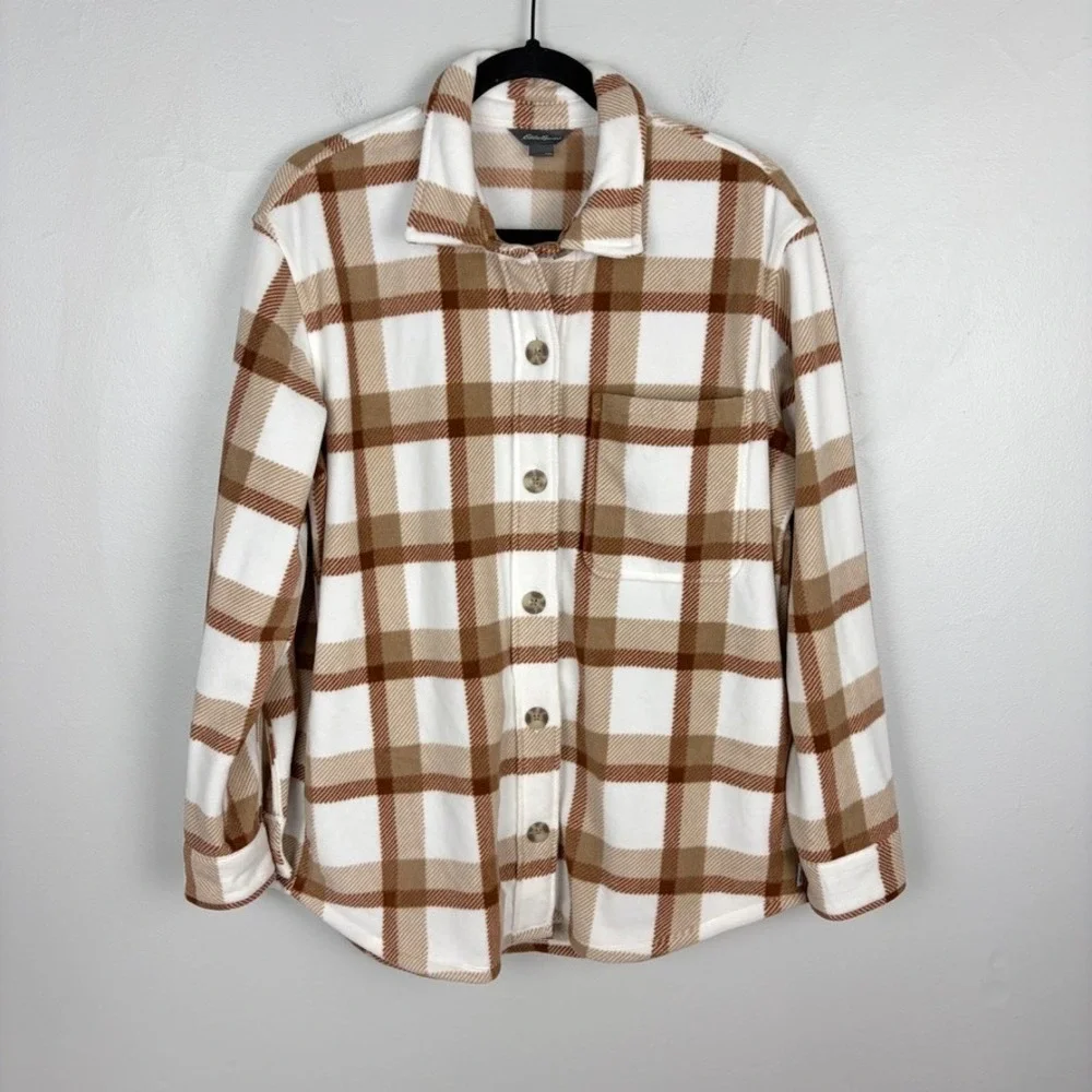 Eddie‎ Bauer Microfleece Tan Plaid Button Down Shacket Fleece Outdoor Medium - Picture 2 of 10